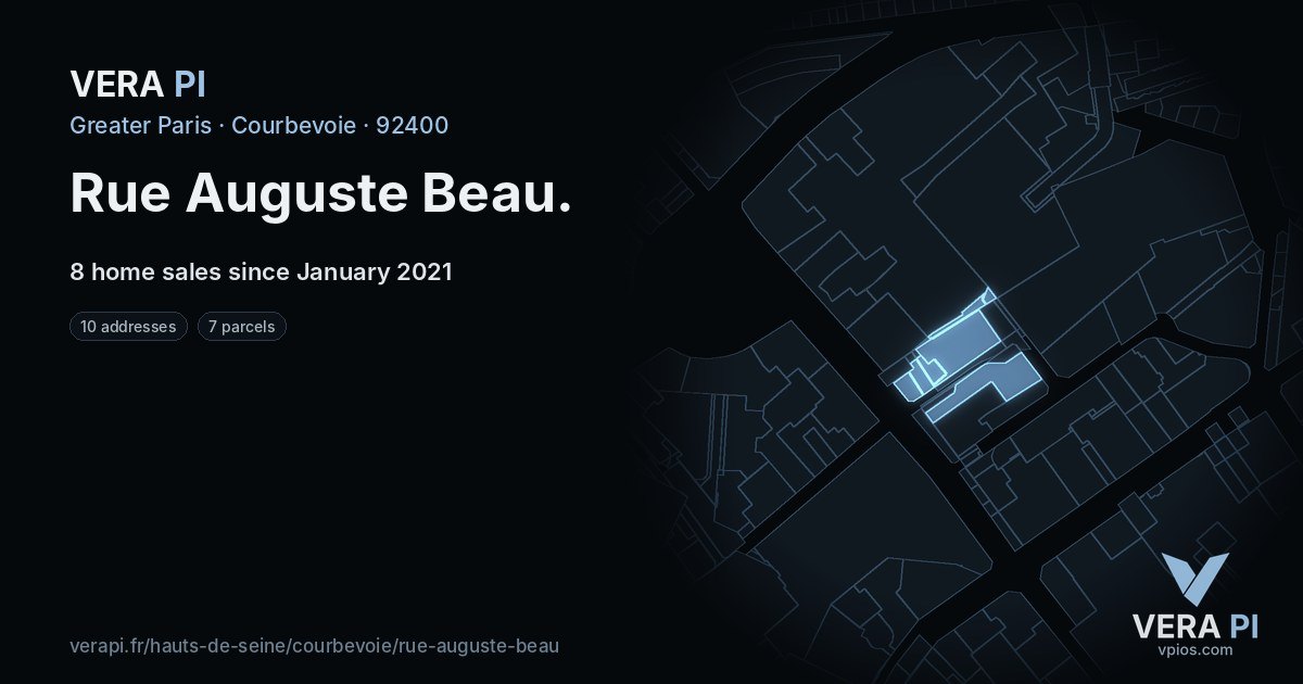 Rue Auguste Beau, Courbevoie at night – every parcel coloured by the prices around it, the street's own parcels lit