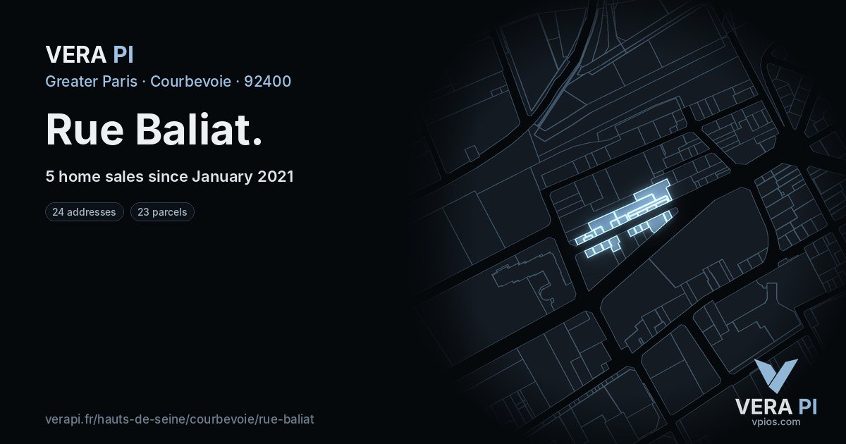Rue Baliat, Courbevoie at night – every parcel coloured by the prices around it, the street's own parcels lit