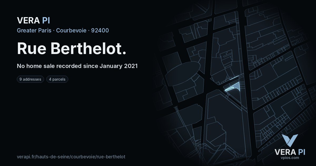 Rue Berthelot, Courbevoie at night – every parcel coloured by the prices around it, the street's own parcels lit
