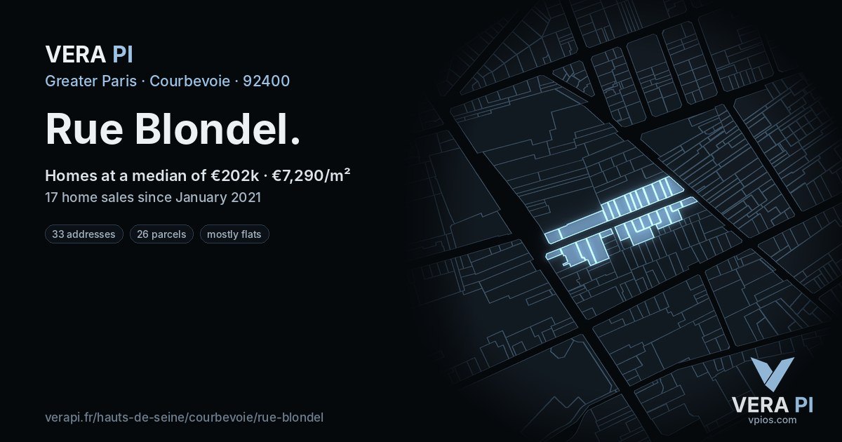 Rue Blondel, Courbevoie at night – every parcel coloured by the prices around it, the street's own parcels lit