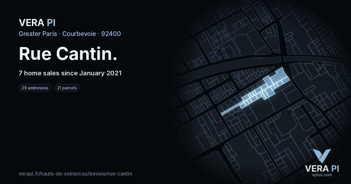 Rue Cantin, Courbevoie at night – every parcel coloured by the prices around it, the street's own parcels lit
