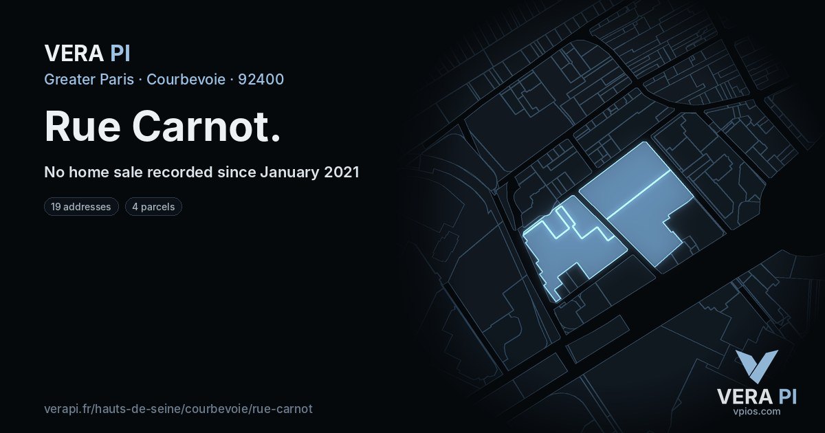 Rue Carnot, Courbevoie at night – every parcel coloured by the prices around it, the street's own parcels lit