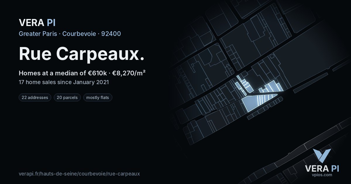 Rue Carpeaux, Courbevoie at night – every parcel coloured by the prices around it, the street's own parcels lit