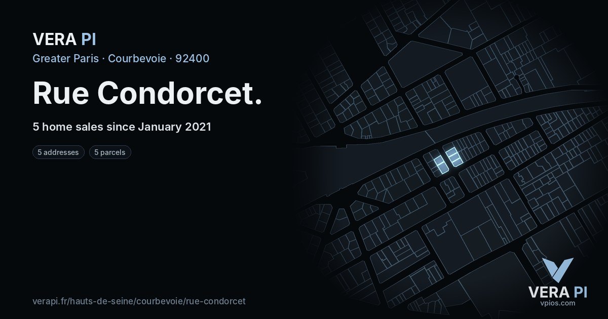 Rue Condorcet, Courbevoie at night – every parcel coloured by the prices around it, the street's own parcels lit