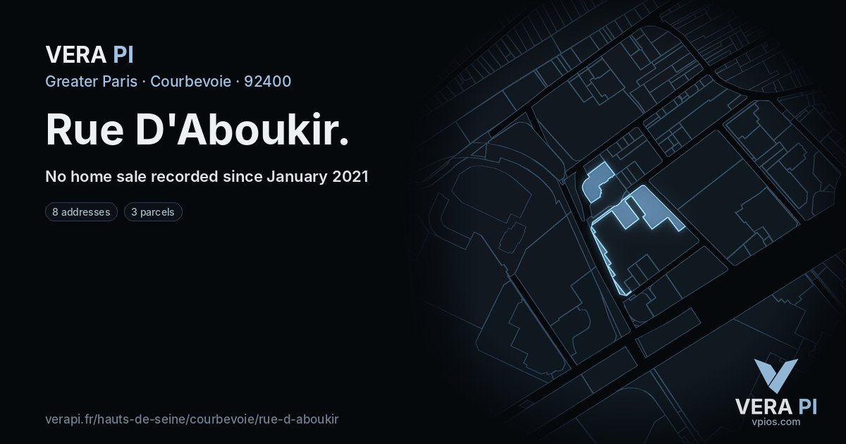Rue D'Aboukir, Courbevoie at night – every parcel coloured by the prices around it, the street's own parcels lit