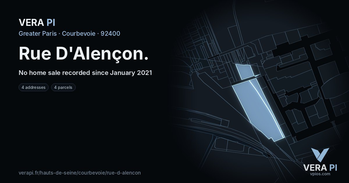 Rue D'Alençon, Courbevoie at night – every parcel coloured by the prices around it, the street's own parcels lit