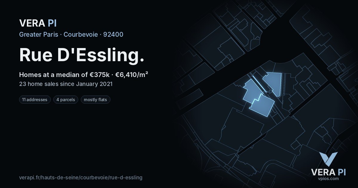 Rue D'Essling, Courbevoie at night – every parcel coloured by the prices around it, the street's own parcels lit