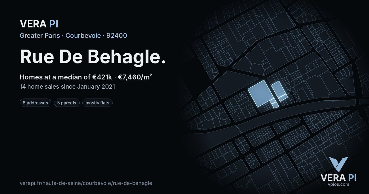 Rue De Behagle, Courbevoie at night – every parcel coloured by the prices around it, the street's own parcels lit