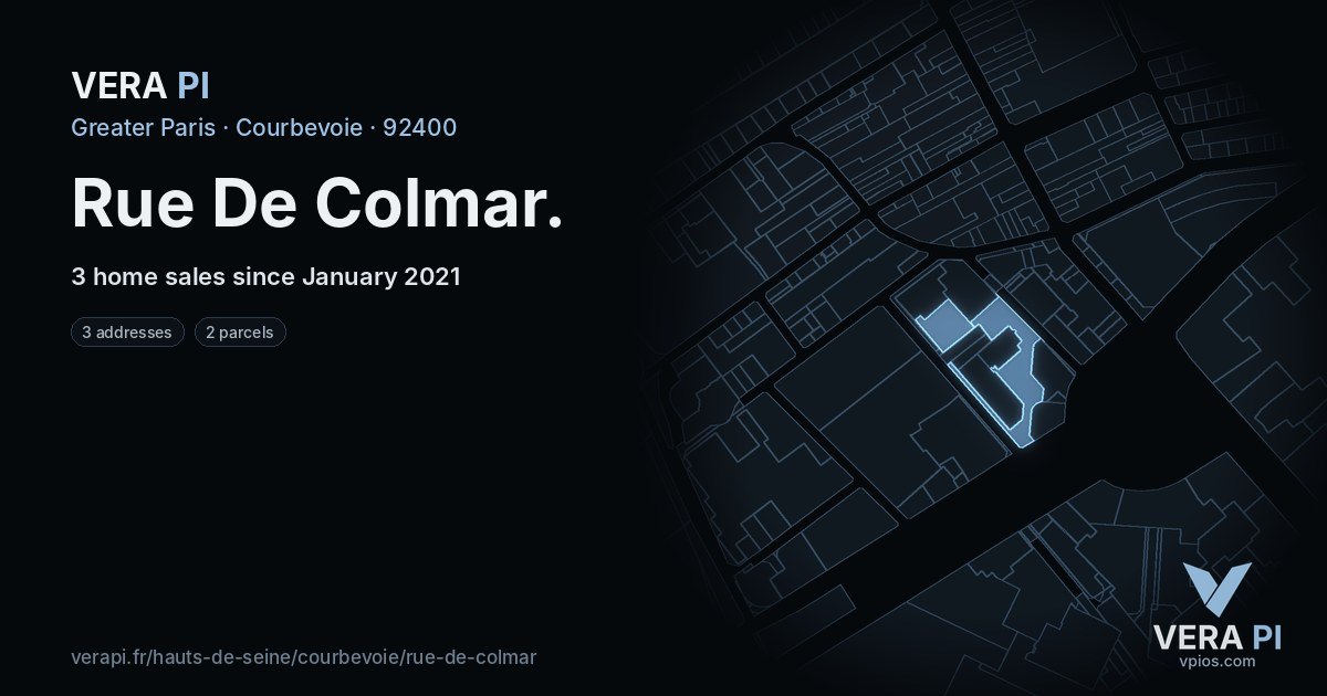 Rue De Colmar, Courbevoie at night – every parcel coloured by the prices around it, the street's own parcels lit