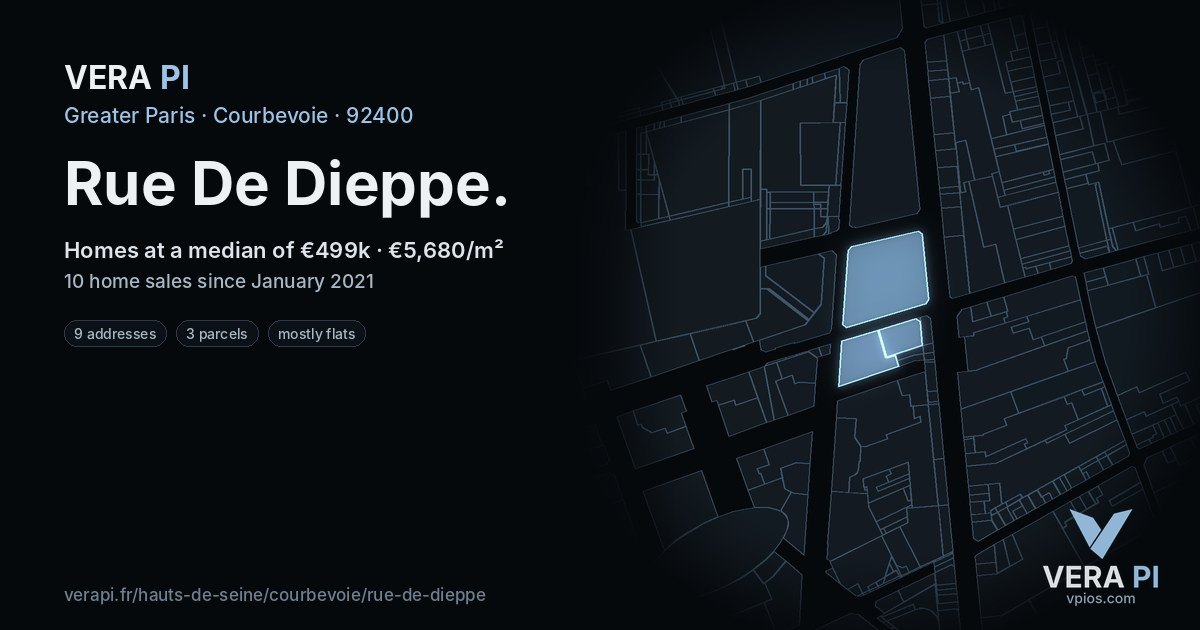 Rue De Dieppe, Courbevoie at night – every parcel coloured by the prices around it, the street's own parcels lit