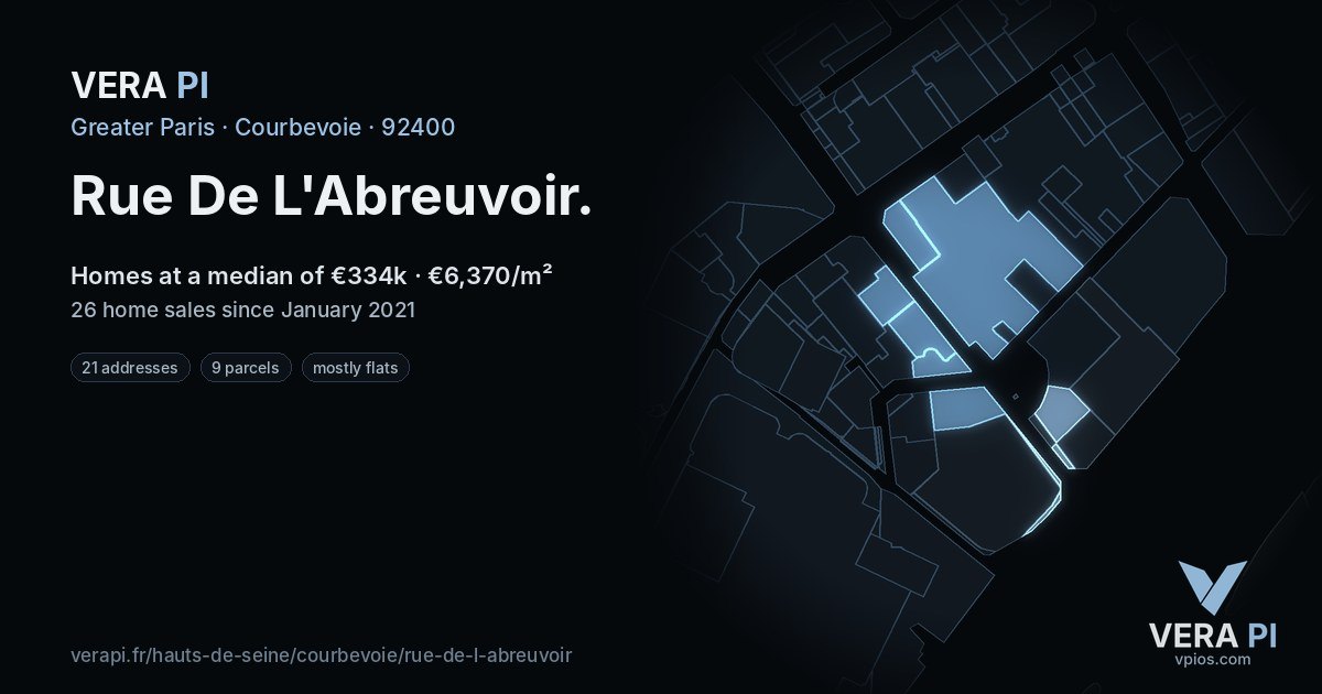 Rue De L'Abreuvoir, Courbevoie at night – every parcel coloured by the prices around it, the street's own parcels lit