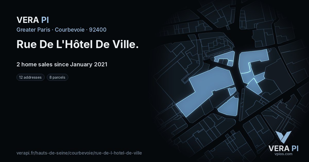 Rue De L'Hôtel De Ville, Courbevoie at night – every parcel coloured by the prices around it, the street's own parcels lit