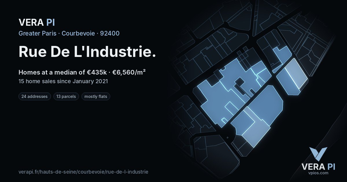 Rue De L'Industrie, Courbevoie at night – every parcel coloured by the prices around it, the street's own parcels lit