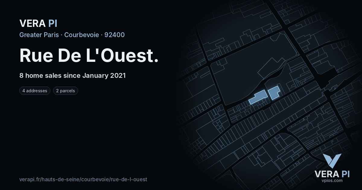 Rue De L'Ouest, Courbevoie at night – every parcel coloured by the prices around it, the street's own parcels lit
