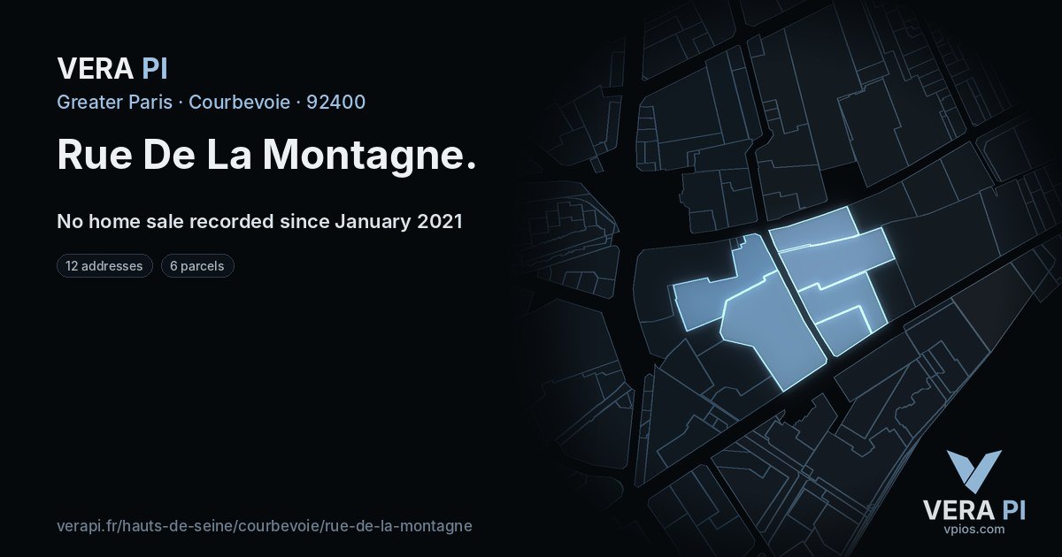Rue De La Montagne, Courbevoie at night – every parcel coloured by the prices around it, the street's own parcels lit
