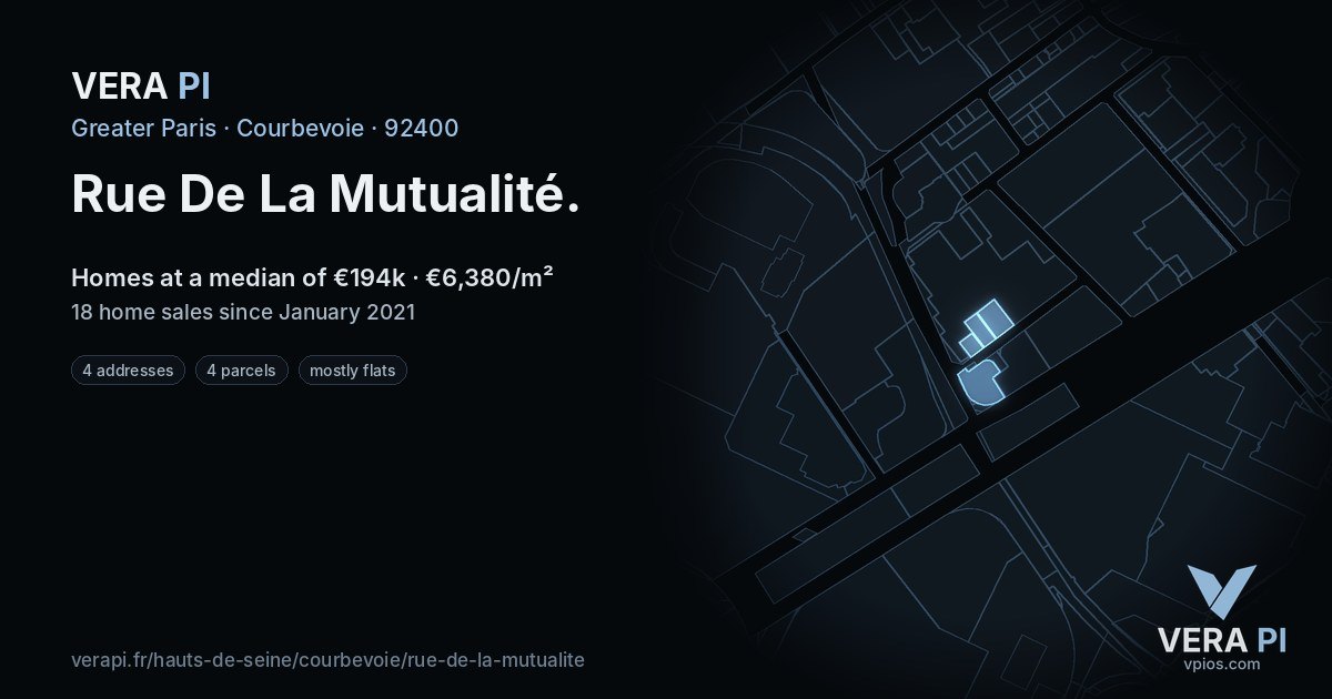 Rue De La Mutualité, Courbevoie at night – every parcel coloured by the prices around it, the street's own parcels lit