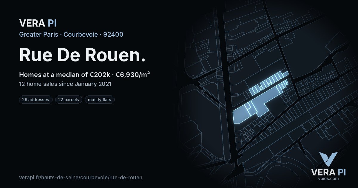 Rue De Rouen, Courbevoie at night – every parcel coloured by the prices around it, the street's own parcels lit