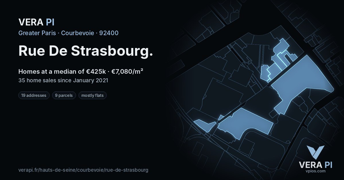 Rue De Strasbourg, Courbevoie at night – every parcel coloured by the prices around it, the street's own parcels lit