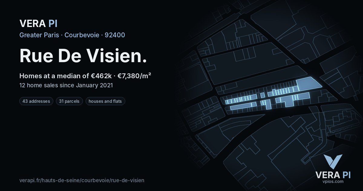 Rue De Visien, Courbevoie at night – every parcel coloured by the prices around it, the street's own parcels lit