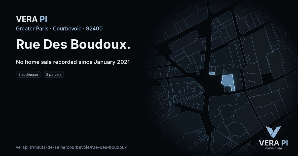 Rue Des Boudoux, Courbevoie at night – every parcel coloured by the prices around it, the street's own parcels lit