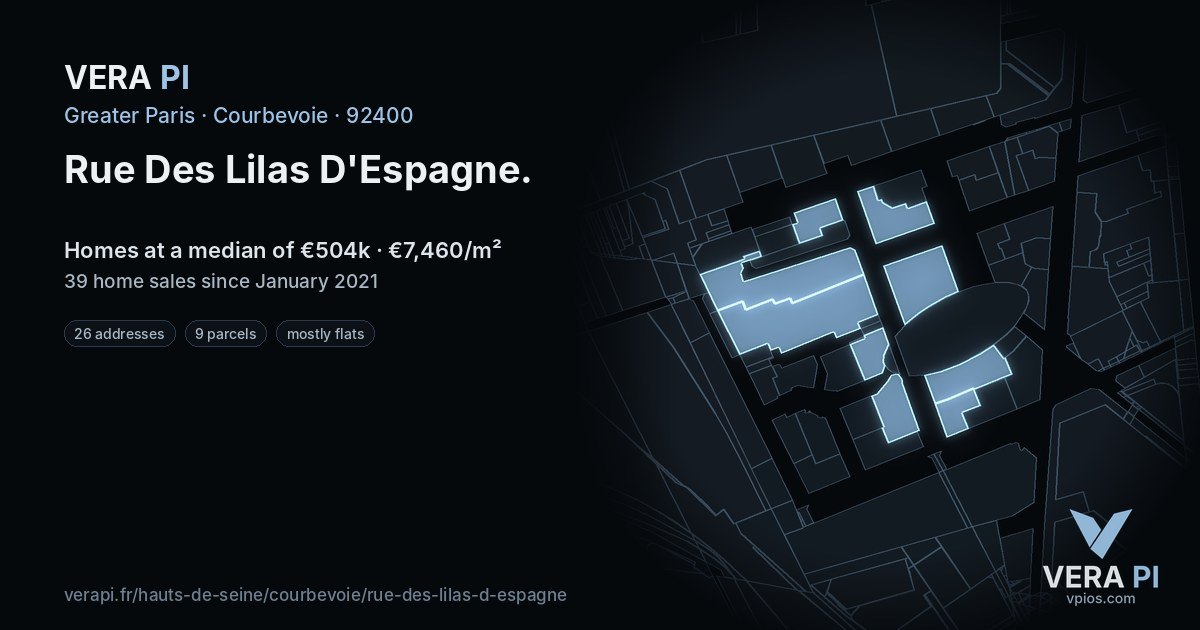 Rue Des Lilas D'Espagne, Courbevoie at night – every parcel coloured by the prices around it, the street's own parcels lit