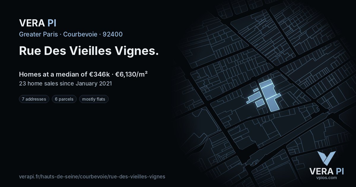 Rue Des Vieilles Vignes, Courbevoie at night – every parcel coloured by the prices around it, the street's own parcels lit