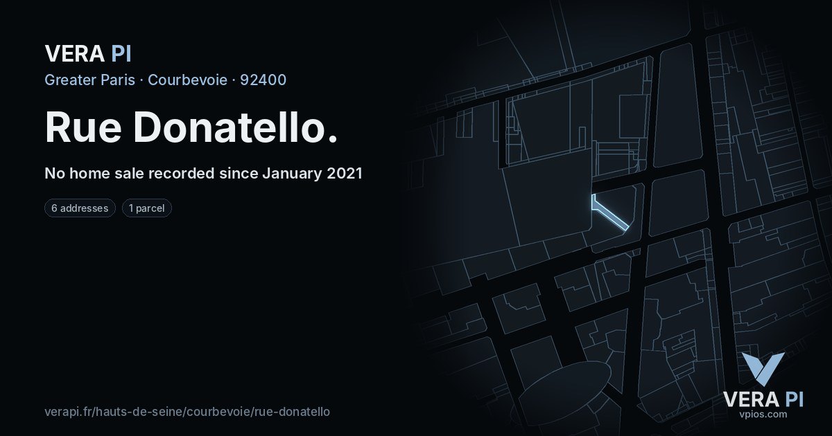 Rue Donatello, Courbevoie at night – every parcel coloured by the prices around it, the street's own parcels lit