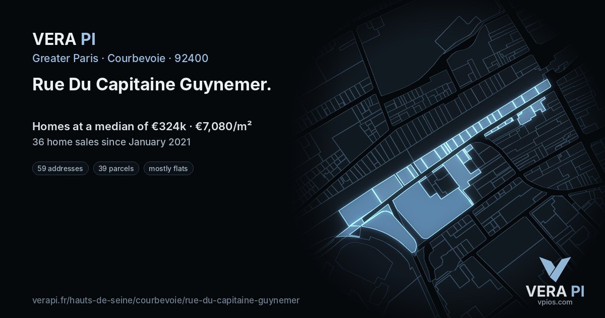 Rue Du Capitaine Guynemer, Courbevoie at night – every parcel coloured by the prices around it, the street's own parcels lit