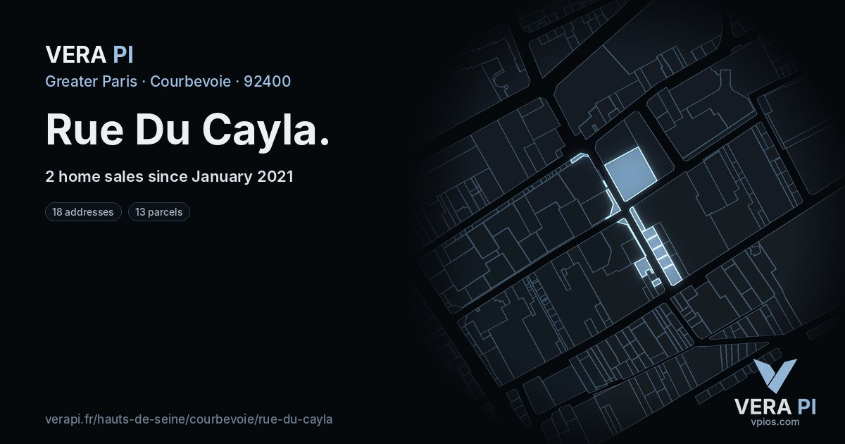Rue Du Cayla, Courbevoie at night – every parcel coloured by the prices around it, the street's own parcels lit