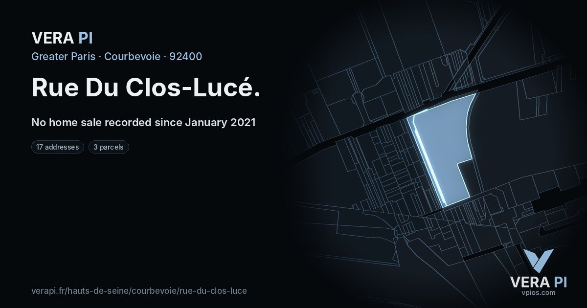 Rue Du Clos-Lucé, Courbevoie at night – every parcel coloured by the prices around it, the street's own parcels lit