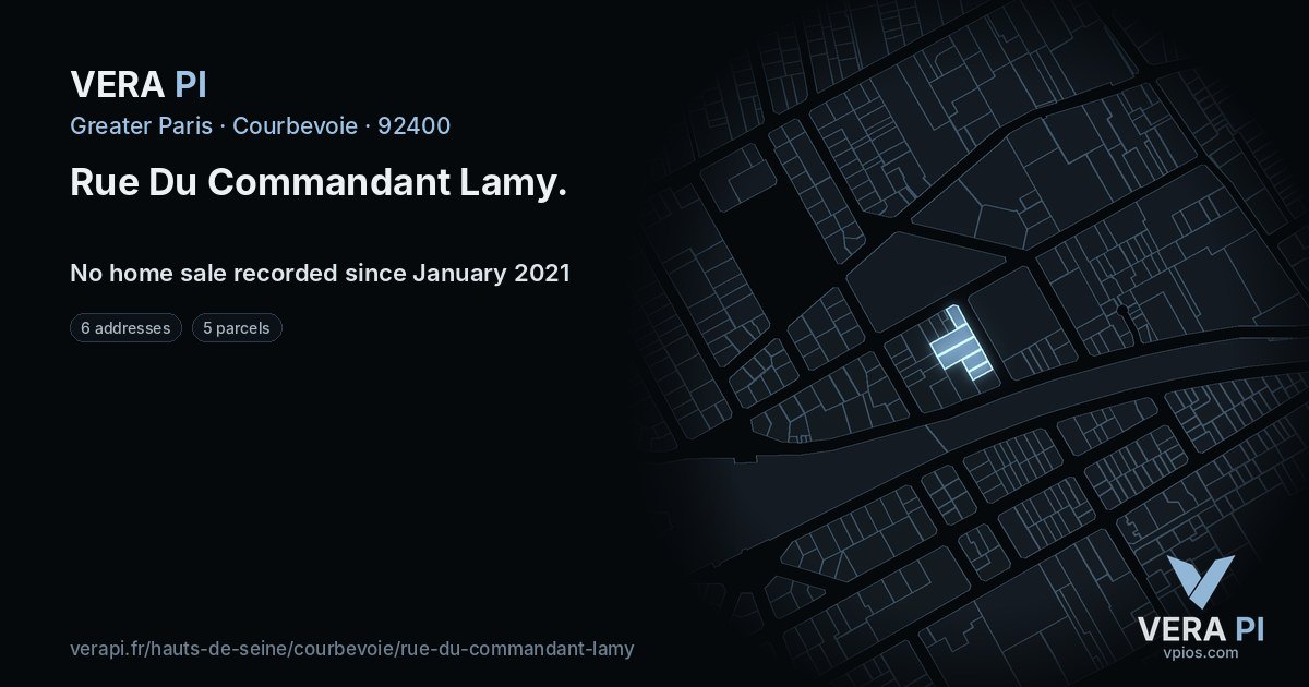 Rue Du Commandant Lamy, Courbevoie at night – every parcel coloured by the prices around it, the street's own parcels lit