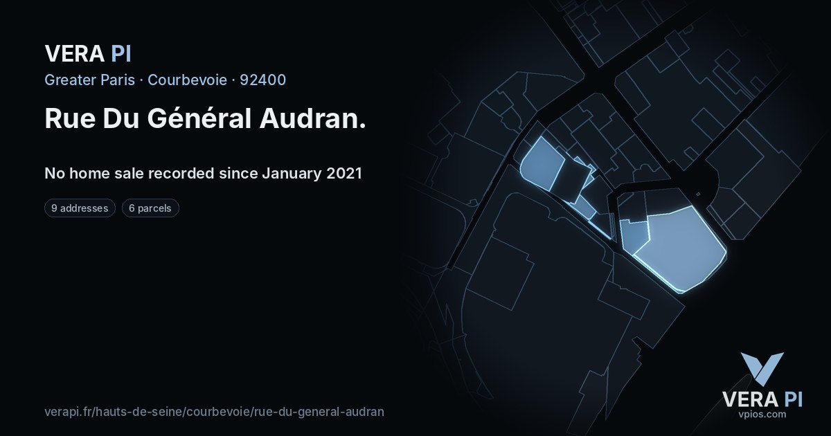 Rue Du Général Audran, Courbevoie at night – every parcel coloured by the prices around it, the street's own parcels lit