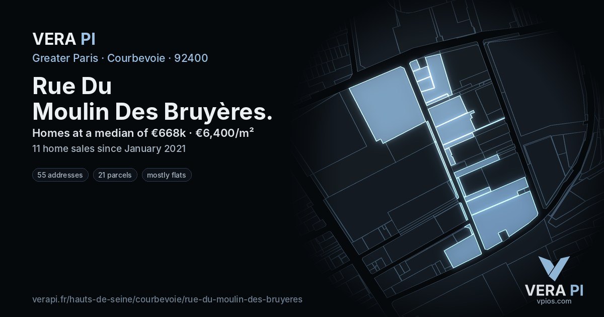 Rue Du Moulin Des Bruyères, Courbevoie at night – every parcel coloured by the prices around it, the street's own parcels lit