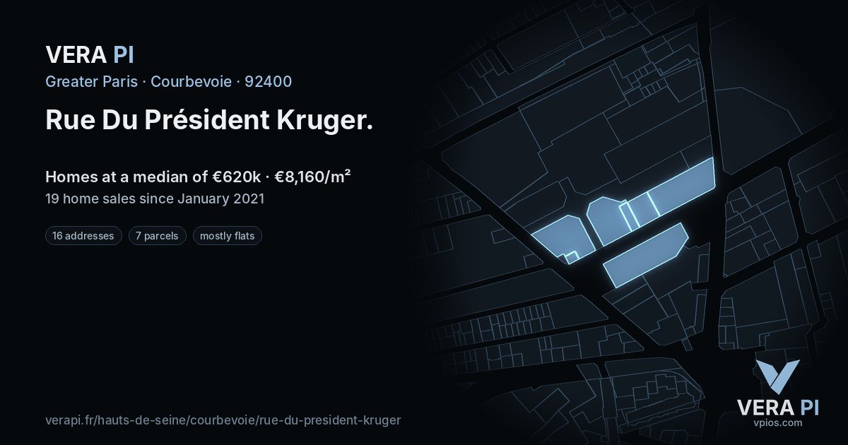 Rue Du Président Kruger, Courbevoie at night – every parcel coloured by the prices around it, the street's own parcels lit