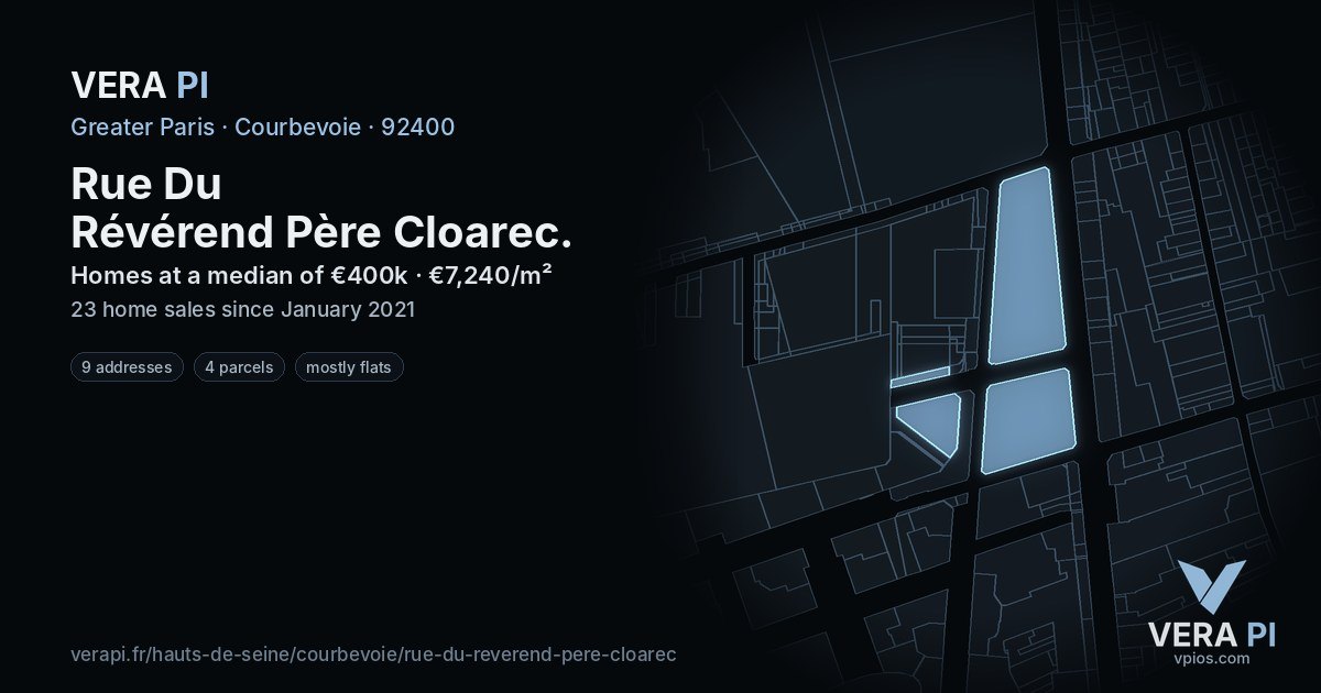 Rue Du Révérend Père Cloarec, Courbevoie at night – every parcel coloured by the prices around it, the street's own parcels lit