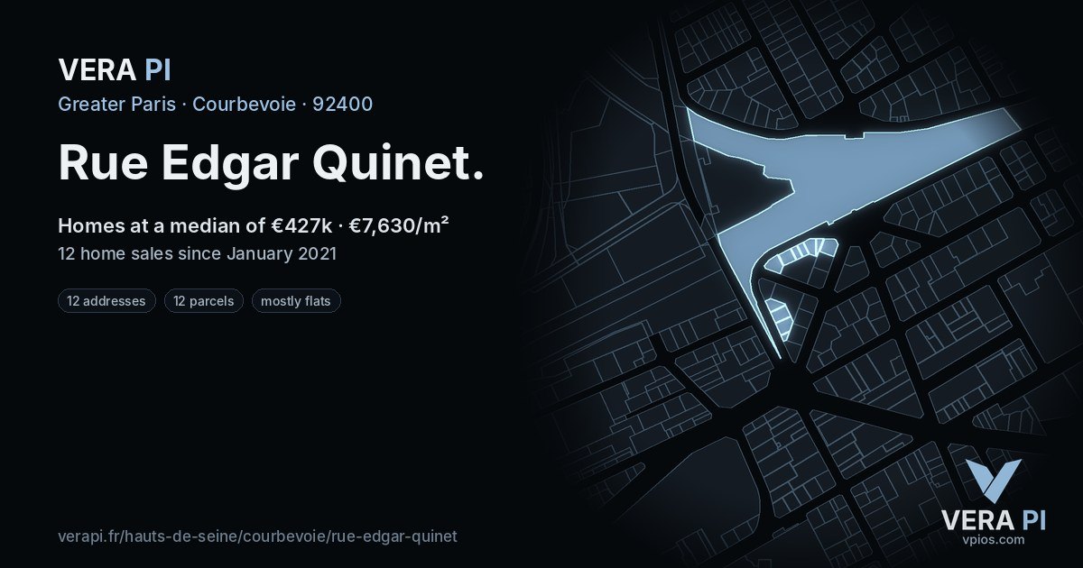Rue Edgar Quinet, Courbevoie at night – every parcel coloured by the prices around it, the street's own parcels lit