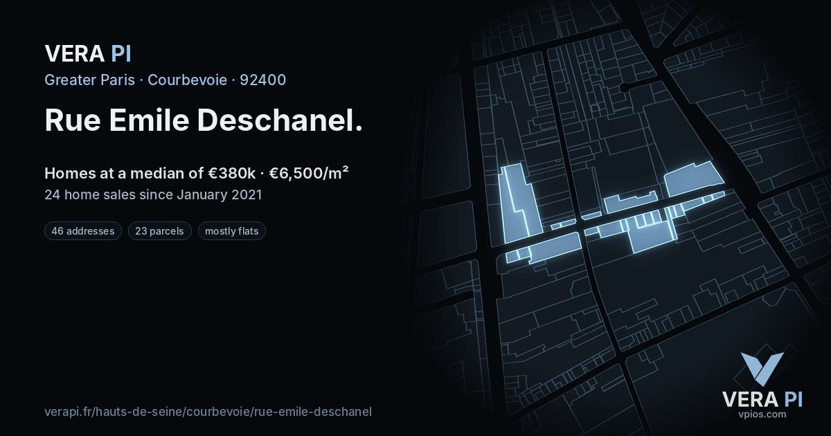 Rue Emile Deschanel, Courbevoie at night – every parcel coloured by the prices around it, the street's own parcels lit