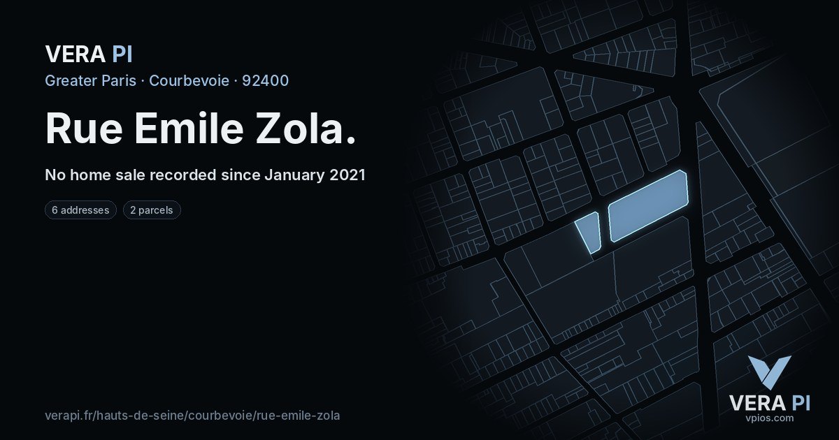 Rue Emile Zola, Courbevoie at night – every parcel coloured by the prices around it, the street's own parcels lit