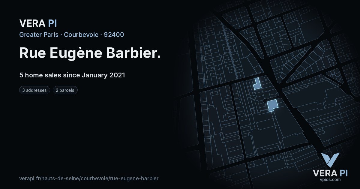 Rue Eugène Barbier, Courbevoie at night – every parcel coloured by the prices around it, the street's own parcels lit