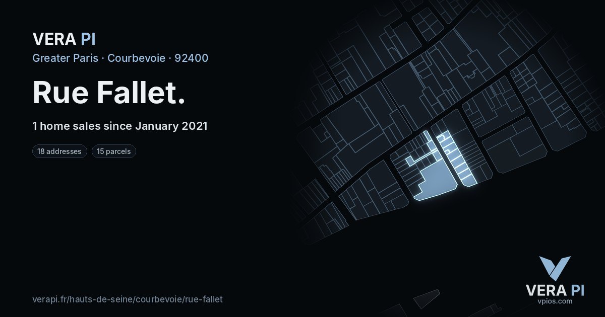 Rue Fallet, Courbevoie at night – every parcel coloured by the prices around it, the street's own parcels lit