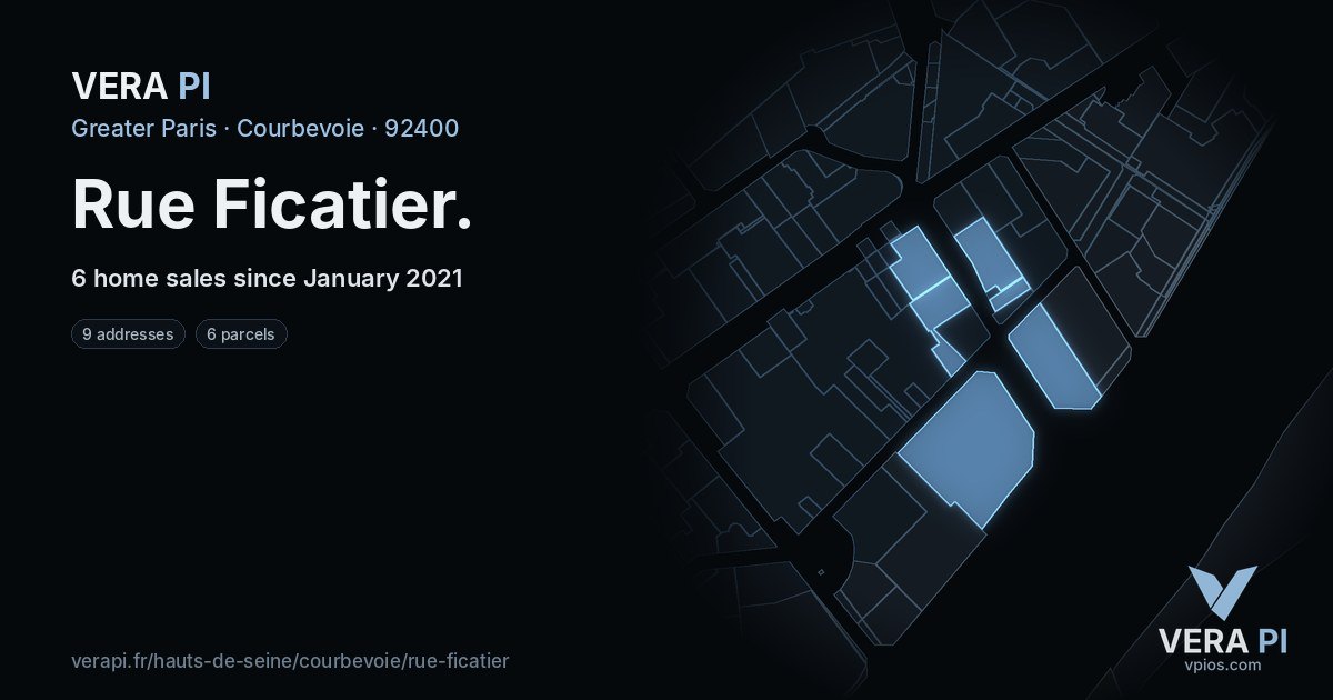 Rue Ficatier, Courbevoie at night – every parcel coloured by the prices around it, the street's own parcels lit