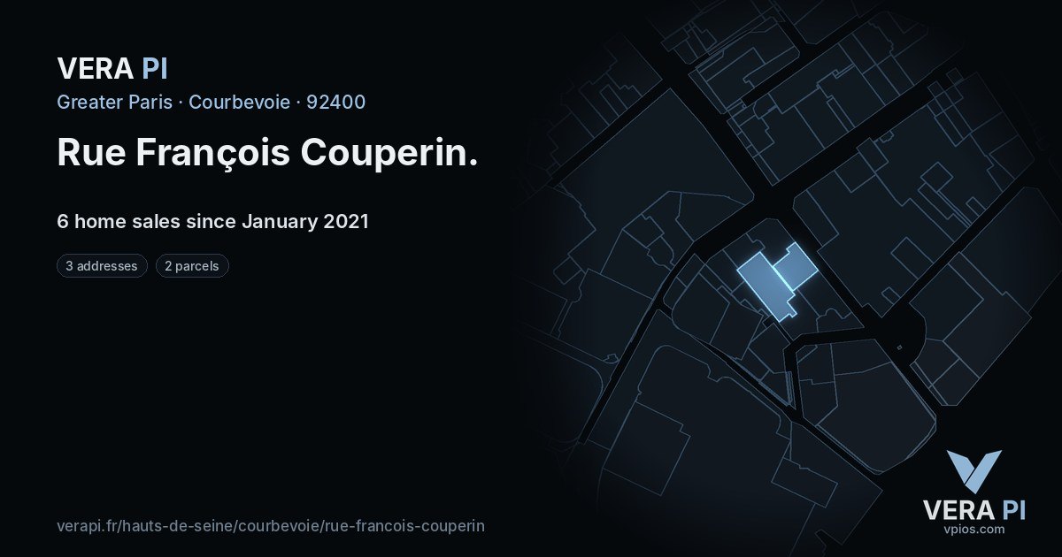Rue François Couperin, Courbevoie at night – every parcel coloured by the prices around it, the street's own parcels lit