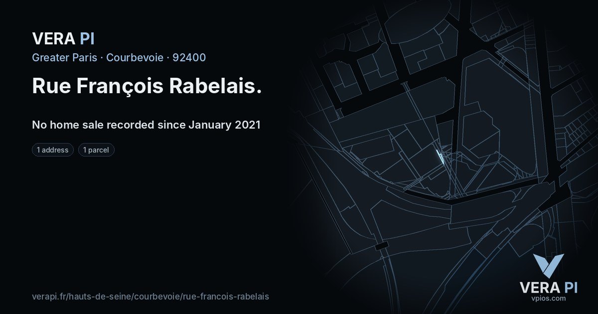 Rue François Rabelais, Courbevoie at night – every parcel coloured by the prices around it, the street's own parcels lit