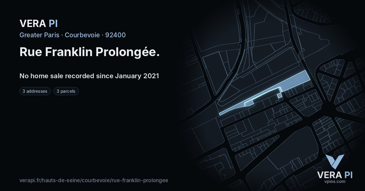 Rue Franklin Prolongée, Courbevoie at night – every parcel coloured by the prices around it, the street's own parcels lit