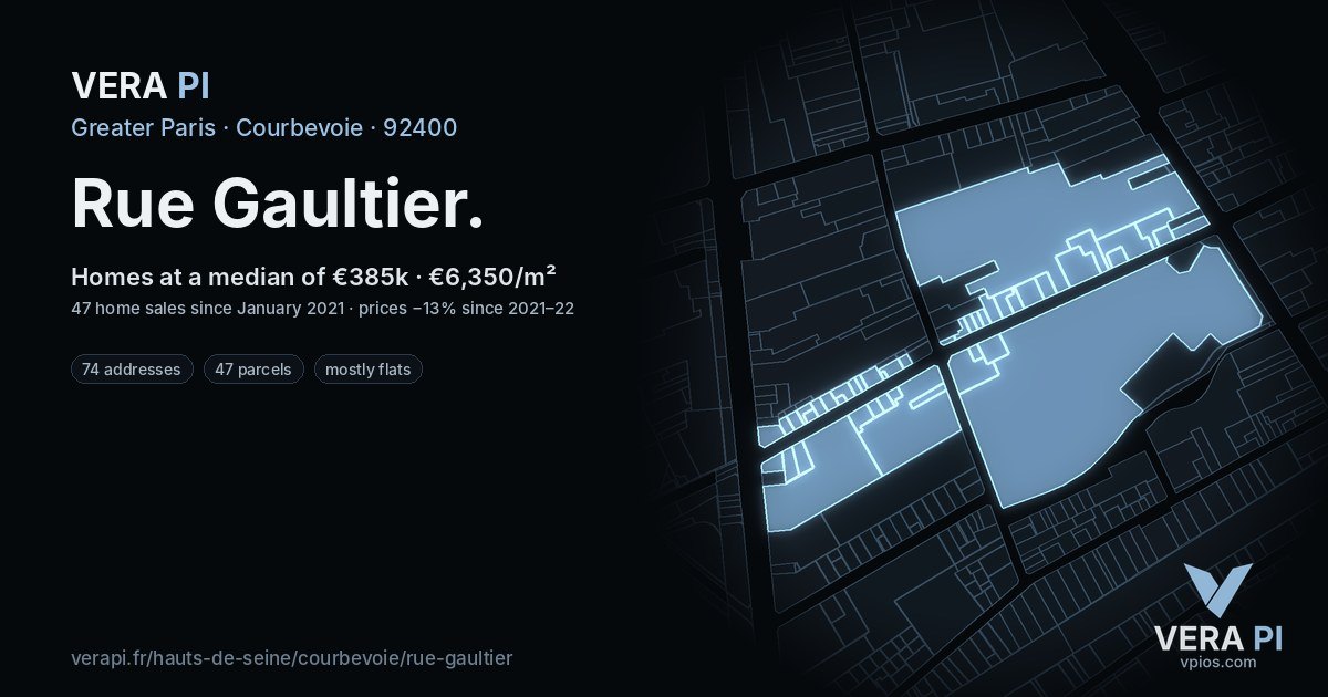 Rue Gaultier, Courbevoie at night – every parcel coloured by the prices around it, the street's own parcels lit