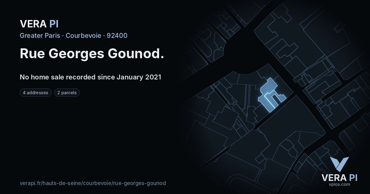 Rue Georges Gounod, Courbevoie at night – every parcel coloured by the prices around it, the street's own parcels lit