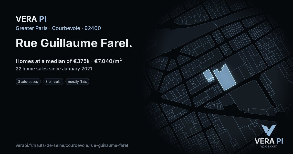 Rue Guillaume Farel, Courbevoie at night – every parcel coloured by the prices around it, the street's own parcels lit