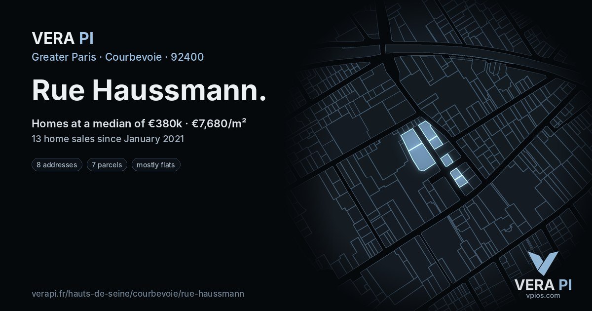 Rue Haussmann, Courbevoie at night – every parcel coloured by the prices around it, the street's own parcels lit