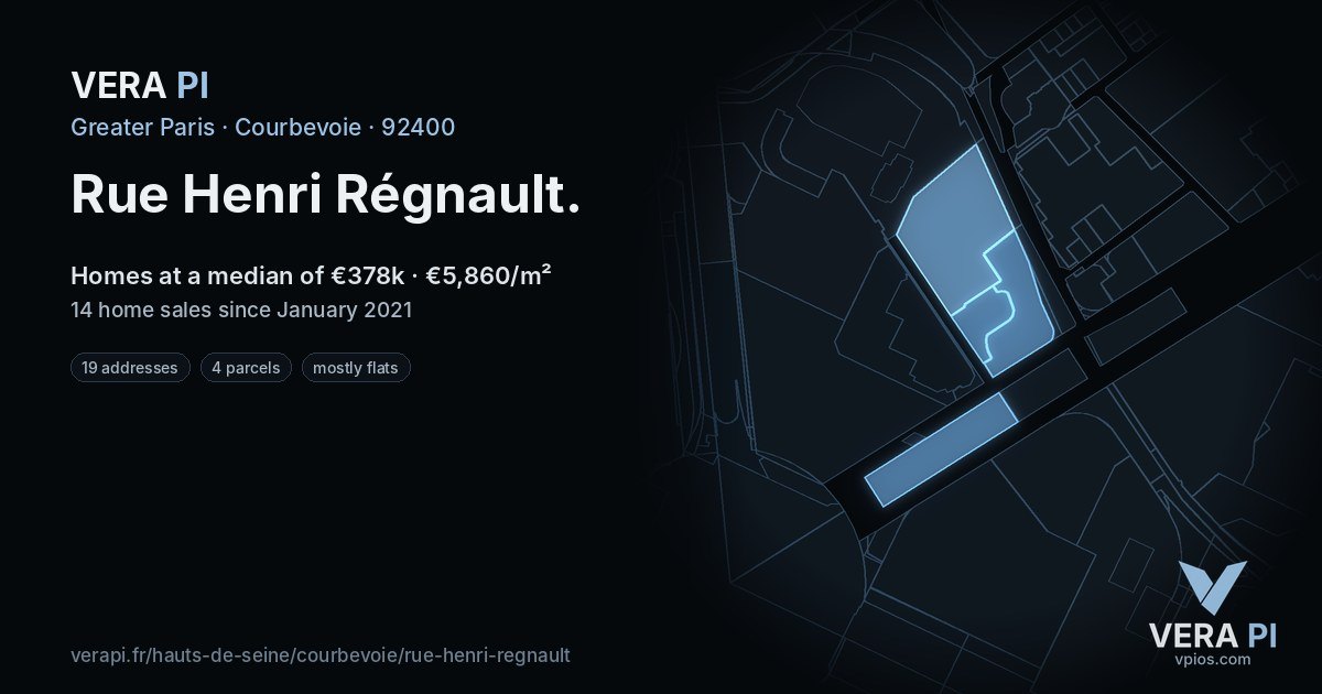 Rue Henri Régnault, Courbevoie at night – every parcel coloured by the prices around it, the street's own parcels lit