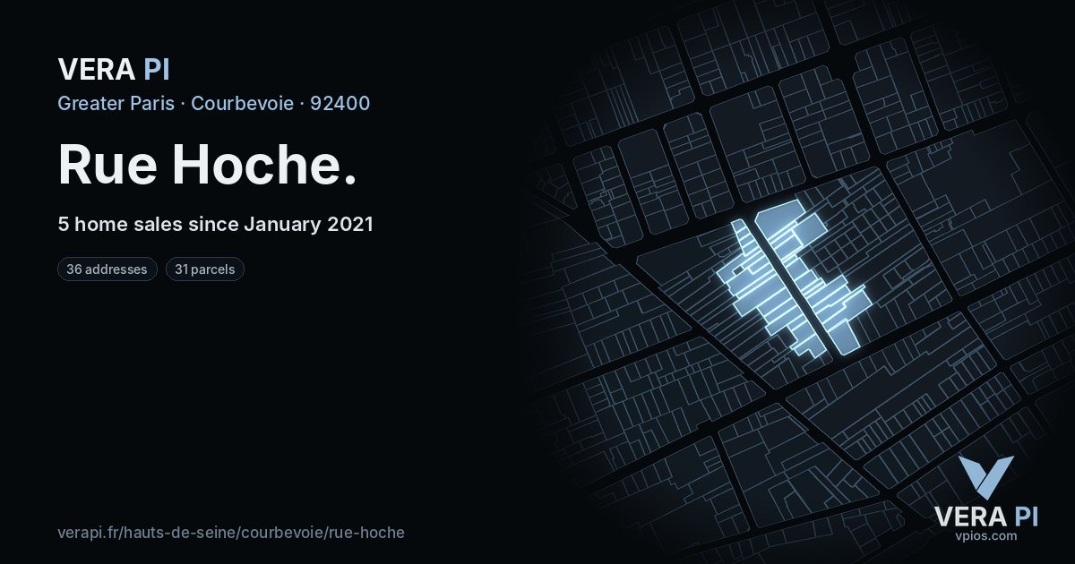 Rue Hoche, Courbevoie at night – every parcel coloured by the prices around it, the street's own parcels lit